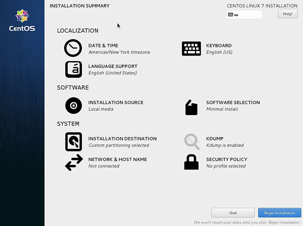 instalation minimal the CentOS 7 install summary