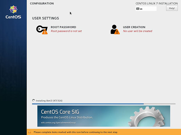 instalation minimal the CentOS 7 Password assignment to the root user and user creation