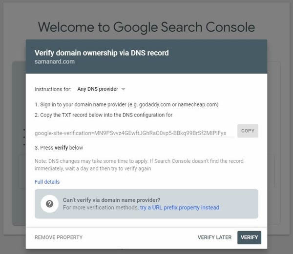 Verificationn DNS Google Seach Console