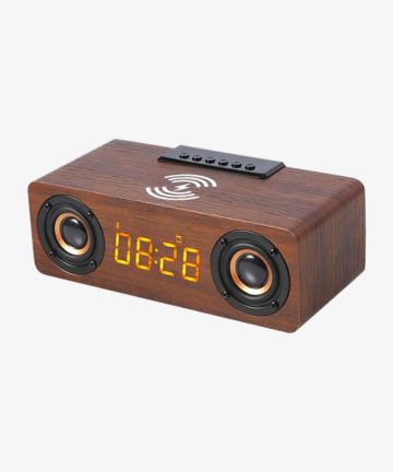 Wooden Digital Alarm Clock Speaker FM Radio 10W Wireless Phone Charger LED Clock