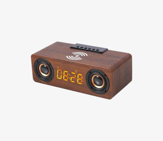Wooden Digital Alarm Clock Speaker FM Radio 10W Wireless Phone Charger LED Clock