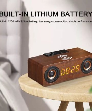 Wooden Digital Alarm Clock Speaker FM Radio 10W Wireless Phone Charger LED Clock
