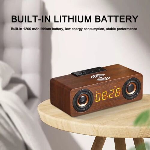Wooden Digital Alarm Clock Speaker FM Radio 10W Wireless Phone Charger LED Clock