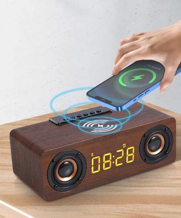 Wooden Digital Alarm Clock Speaker FM Radio 10W Wireless Phone Charger LED Clock