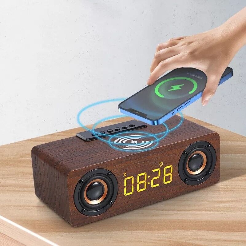 Wooden Digital Alarm Clock Speaker Wooden Digital Alarm Clock Speaker FM Radio 10W Wireless Phone Charger LED Clock