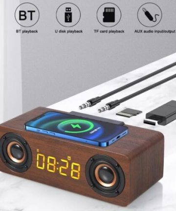 Wooden Digital Alarm Clock Speaker FM Radio 10W Wireless Phone Charger LED Clock