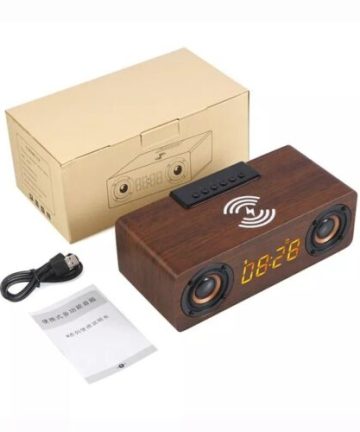 Wooden Digital Alarm Clock Speaker FM Radio 10W Wireless Phone Charger LED Clock
