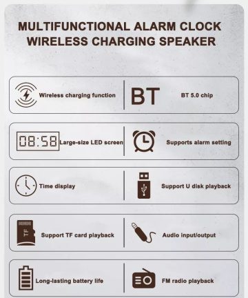 Wooden Digital Alarm Clock Speaker FM Radio 10W Wireless Phone Charger LED Clock