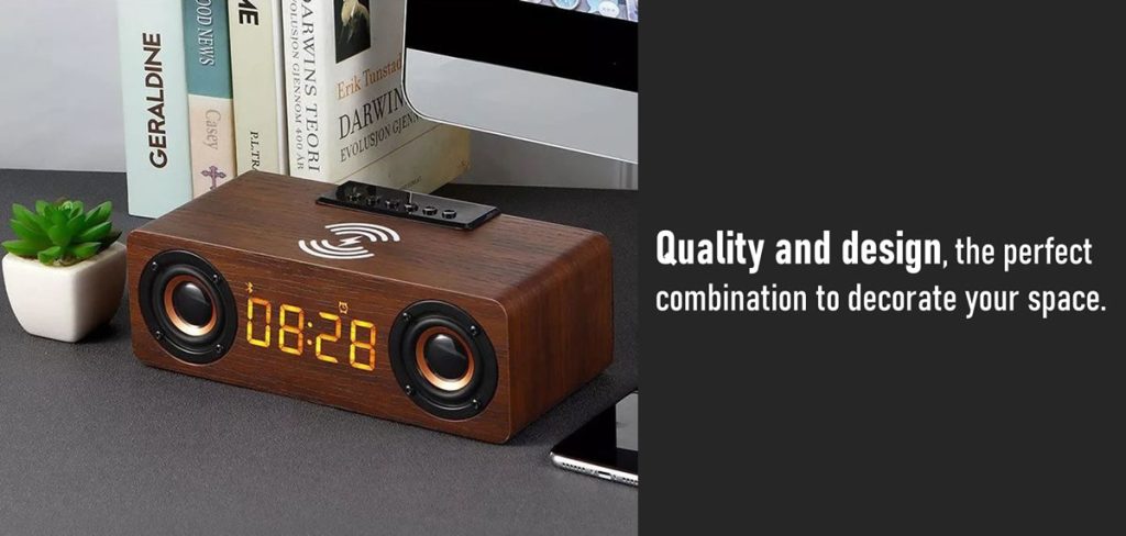 Wooden Digital Alarm Clock Speaker FM Radio 10W Wireless Phone Charger LED Clock