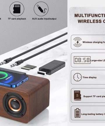 Wooden Digital Alarm Clock Speaker FM Radio 10W Wireless Phone Charger LED Clock