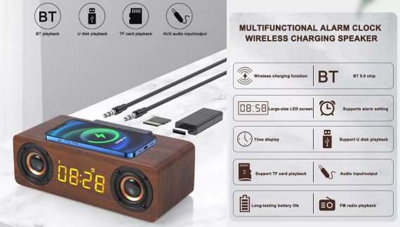 Wooden Digital Alarm Clock Speaker FM Radio 10W Wireless Phone Charger LED Clock